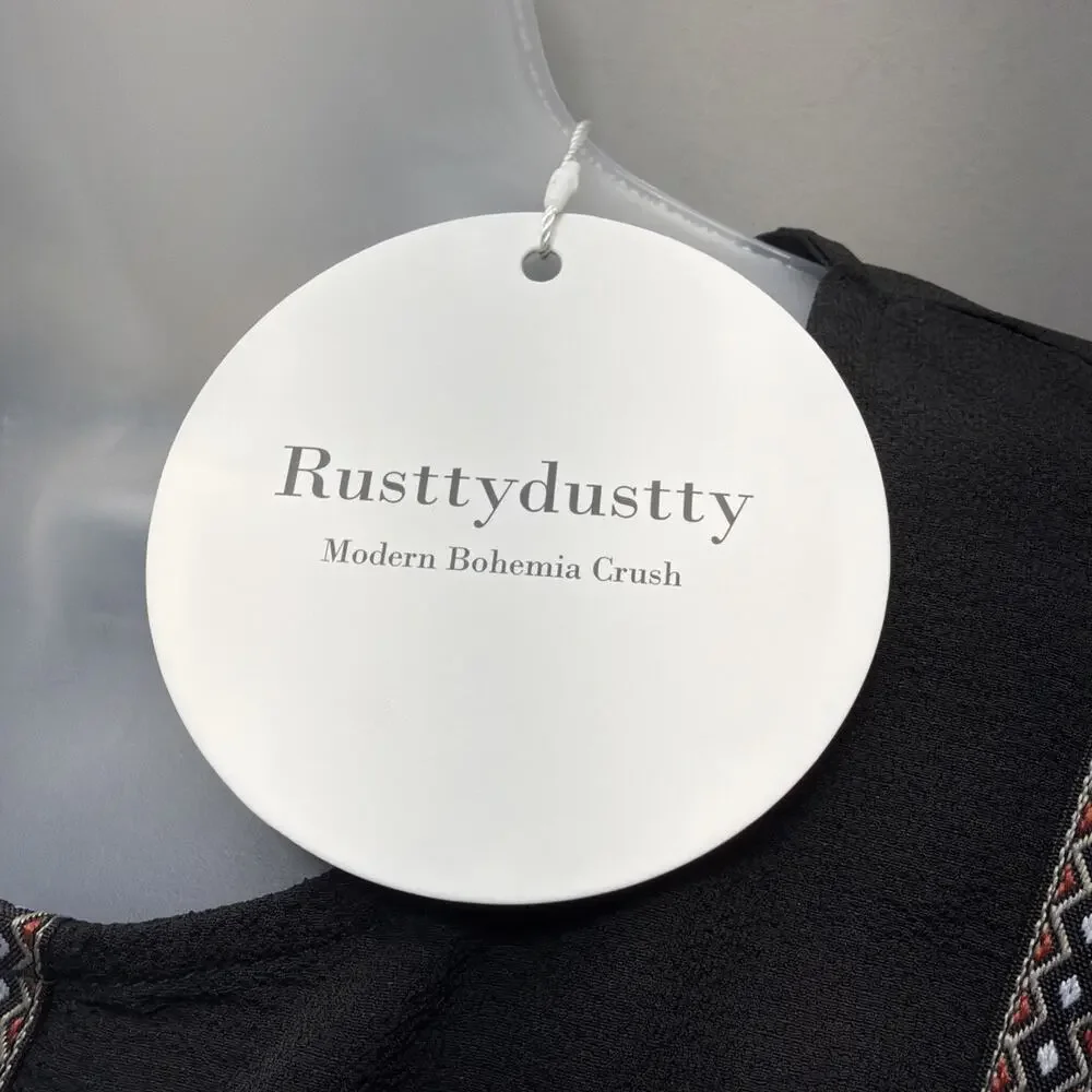 RUSTYDUSTY BOHEMIAN BLACK TUNIC SMOCK DRESS V NECK NWT Size L - Picture 4 of 10